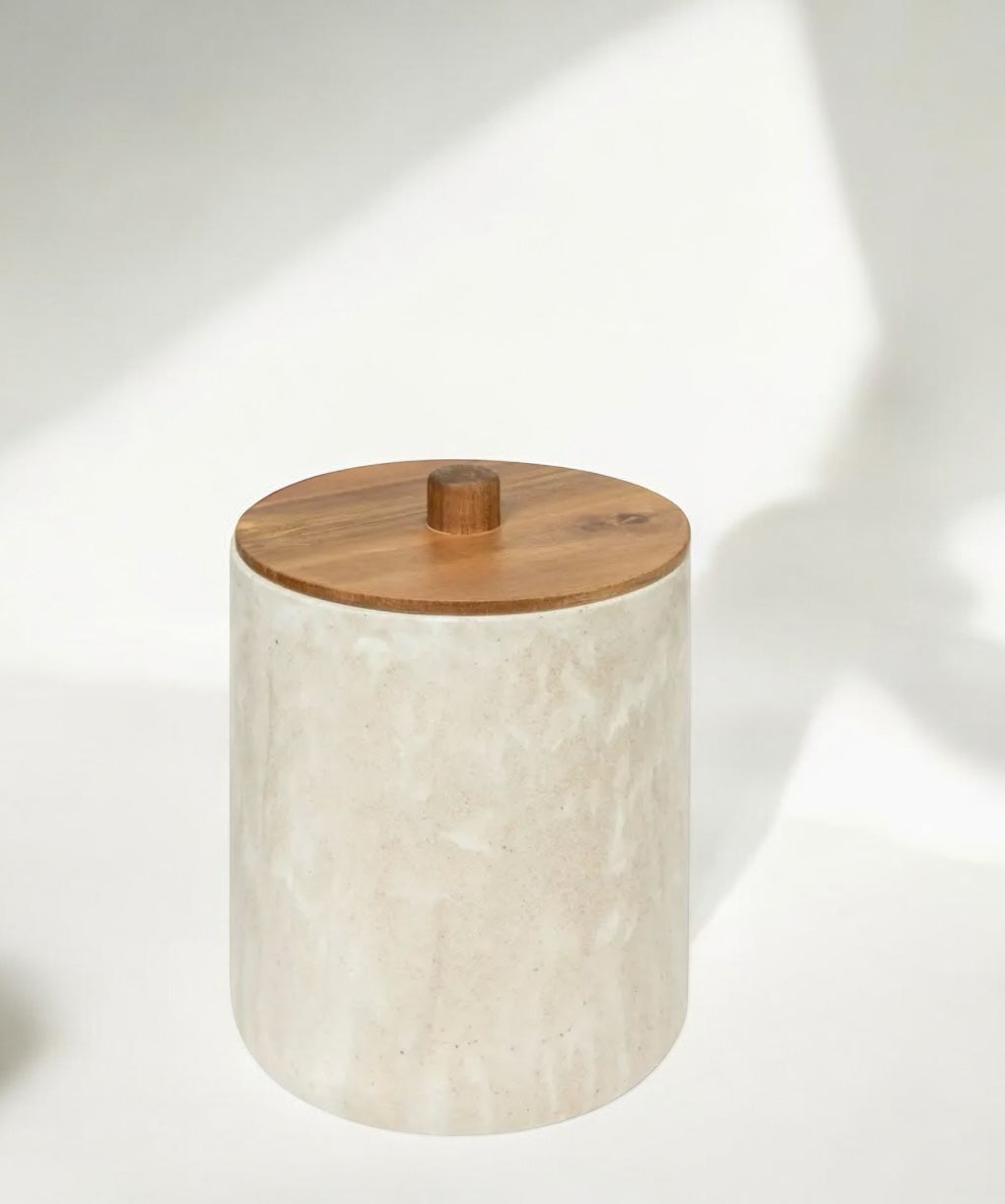 Poubelle 5L couvercle bois effet travertin