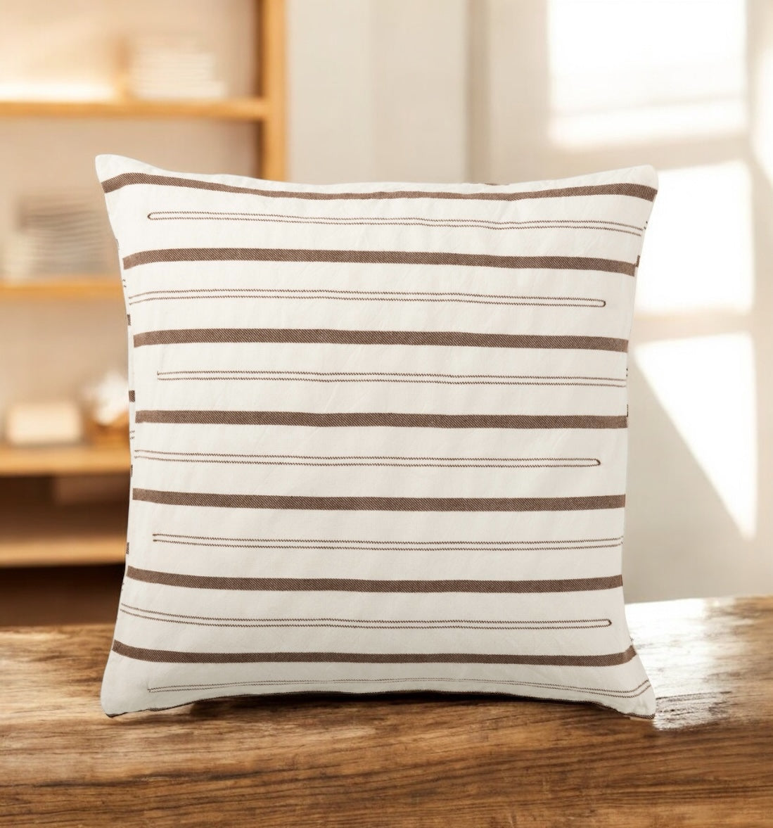 Coussin marron•blanc ligné