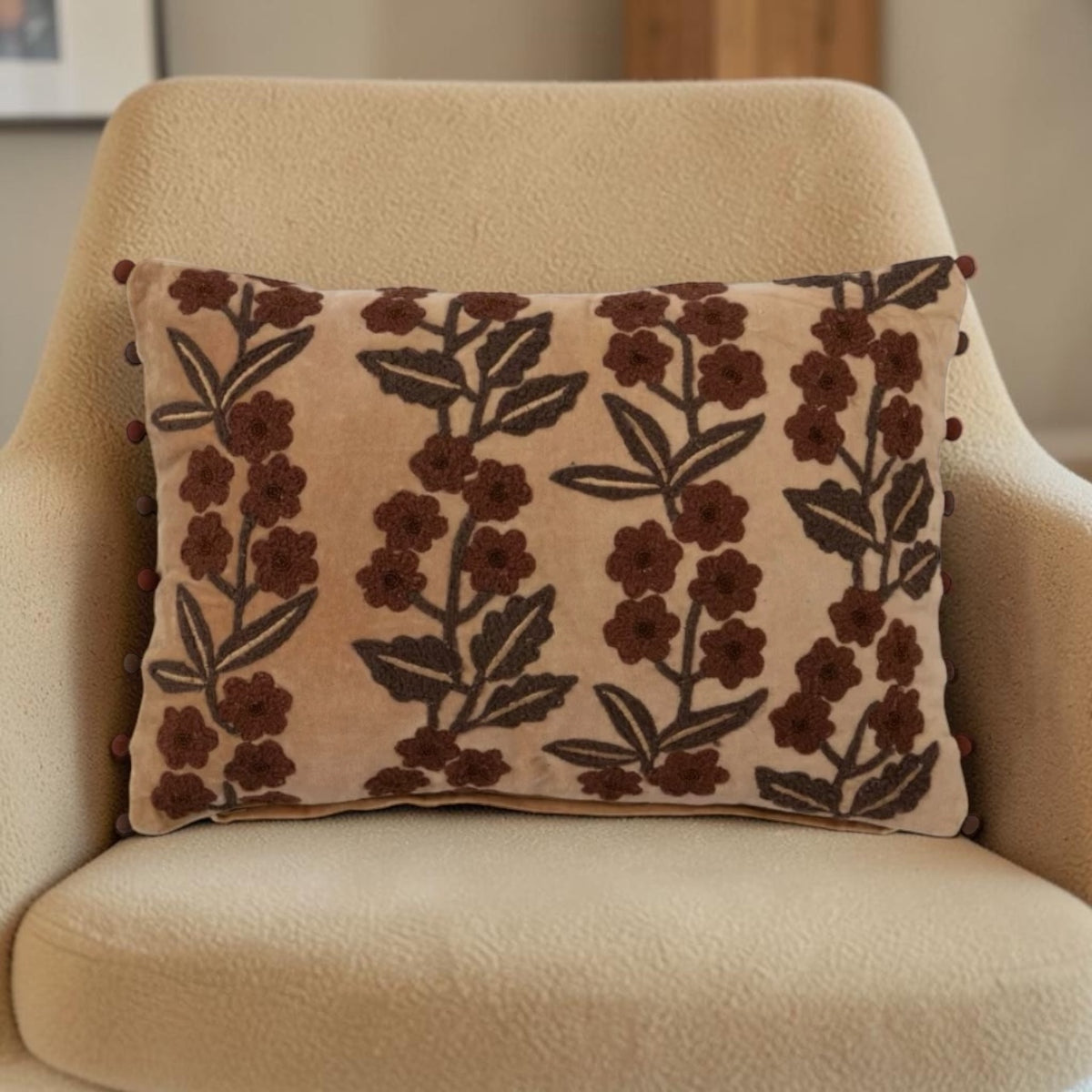 Coussin fleurs & feuilles de coton