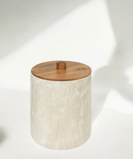 Poubelle 5L couvercle bois effet travertin