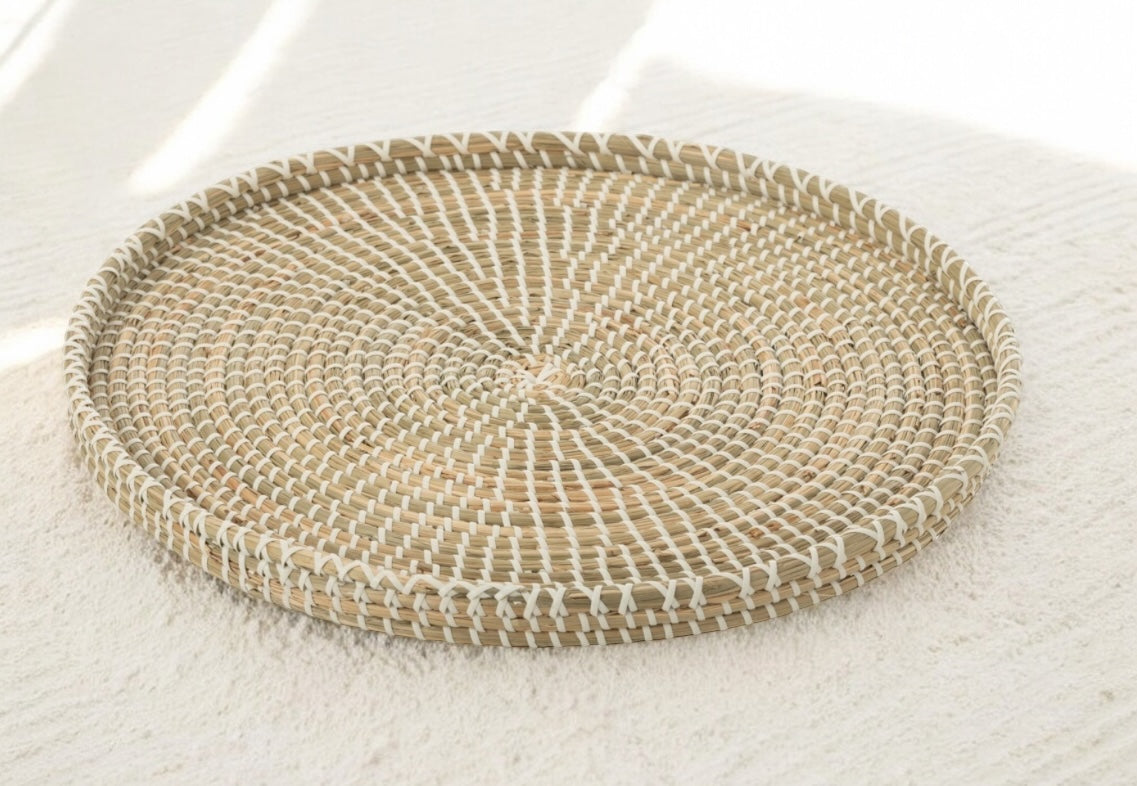 Plateau rond jonc de mer naturel et blanc